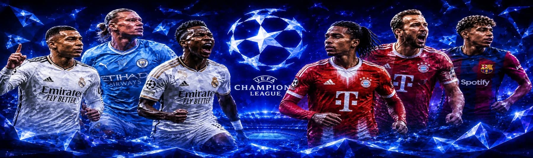 Champions League title contenders: Kylian Mbappé, Erling Haaland, Vinícius Júnior and Harry Kane around the UEFA Champions League starball