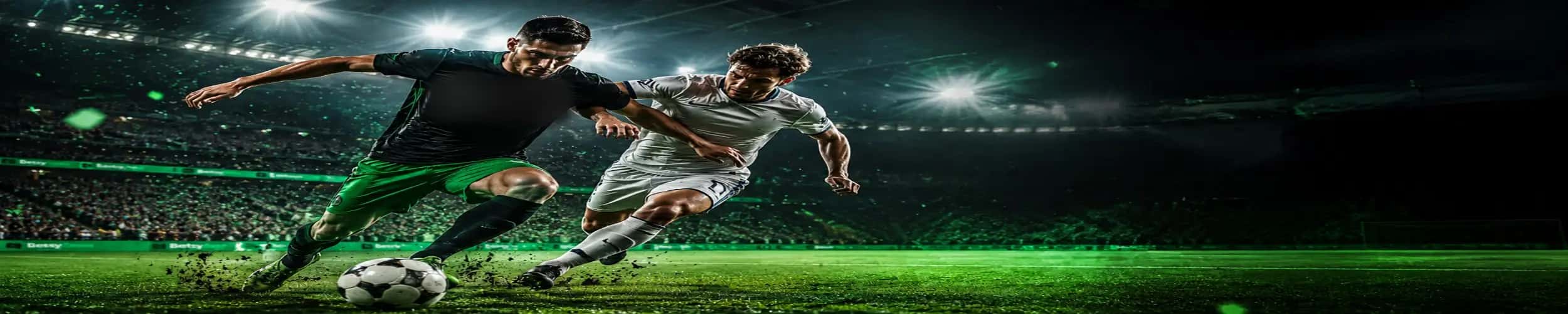 Two footballers challenging for the ball under floodlights in a packed stadium at night